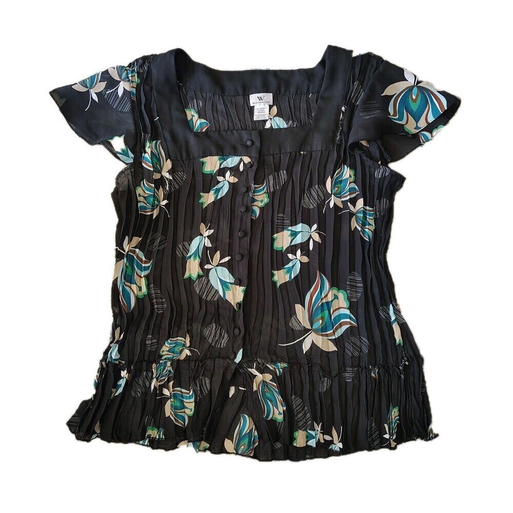 Y2K Button Front Square Neck Pleated Semi Sheer Short Sleeve Top Size XL